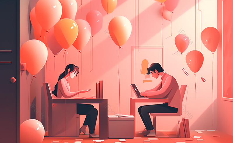 男女办公浪漫气球手绘场景,插画/手绘图,插画/手绘图库,插画/手绘图下载,插画/手绘